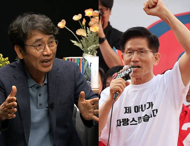 유시민 작가(왼쪽), 김문수 국민의힘 대선 후보 (사진=유튜브 ‘사람사는세상노무현재단’ 영상 캡처, 연합뉴스)