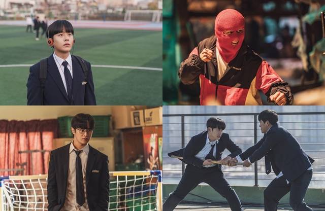 'ONE : 하이스쿨 히어로즈'는 아버지의 억압에 시달리던 전교 1등 의겸(이정하 분)과 그의 천부적인 싸움 재능을 이용하려는 윤기(김도완 분)가 복면을 쓴 '하이스쿨 히어로즈'를 결성하고 억눌린 분노를 폭발시키는 하이스쿨 액션 드라마다. /웨이브