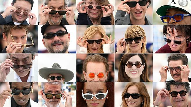 지난 24일 프랑스 칸 영화제 포토콜에서 셀럽들이 선들라스를 쓰고 포즈를 취하고 있다./AFP 연합뉴스