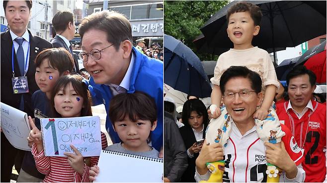 이재명 후보가 유세장에서 어린이와 함께 사진 찍고(14일 경남 통영), 김문수 후보는 유세장에서 어린이를 무등 태우고 있다.(16일 대전)