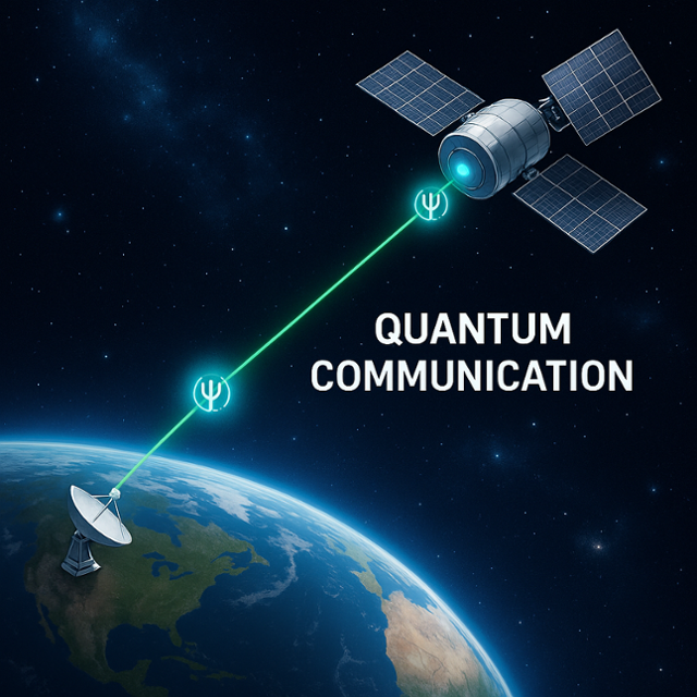 우주에서 위성을 이용해 지상과 양자암호통신을 하는 모습을 생성형 인공지능(AI)이 그린 그림. 달리3·김현우 기자