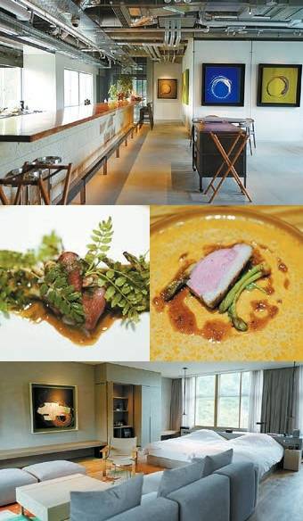 폐교를 개조한 레스토랑 내부는 절제된 격식 속에 젊고 창의적인 감각을 느낄 수 있도록 구성돼 있다. 특히 이토이 쇼타 셰프의 개성이 느껴지는 요리를 맛볼 수 있는데, 가운데 사진은 호래기와 제피잎, 메인 요리 오리고기다.