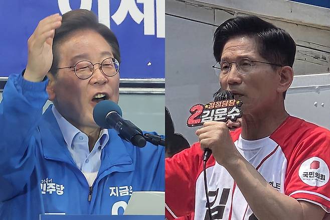 지난 21일 인천 계양구 계양역을 방문한 이재명 더불어민주당 대선 후보(왼쪽)와 29일 인천 부평구 부평문화의거리를 방문한 김문수 국민의힘 대선 후보(오른쪽). /사진=연합뉴스, 이민형 기자