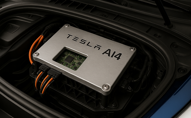 테슬라 전면 트렁크 내부에 AI4 자율주행 컴퓨터 모듈이 장착된 모습을 가로 시점으로 표현한 상상도. AI4는 전면부 유리창 앞쪽에 탑재돼 있다.