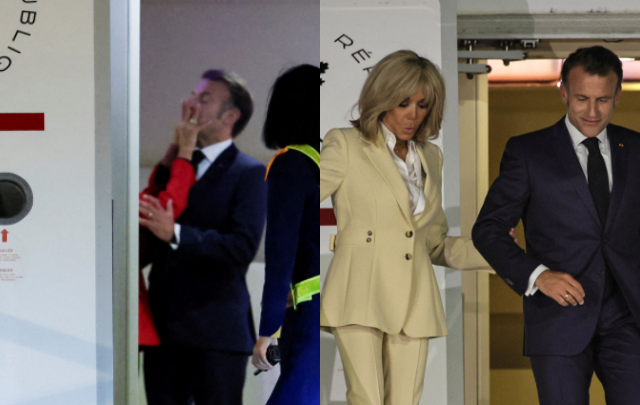 25일 하노이 공항에 도착해 부인 브리지트 여사에게 밀쳐지는 마크롱 프랑스 대통령의 모습(좌)과 27일 인도네시아에 도착한 마크롱 프랑스 대통령 부부. AP 연합뉴스