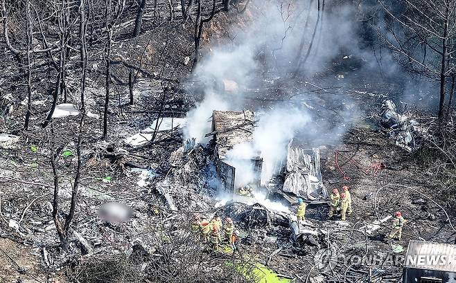 참혹한 포항 해군 초계기 추락 현장 (포항=연합뉴스) 윤관식 기자 = 29일 오후 1시 50분께 경북 포항시 남구 동해면 신정리 한 야산에 해군 초계기가 추락한 가운데 군과 소방 당국 등 관계기관이 현장 수습을 하고 있다. 2025.5.29 psik@yna.co.kr