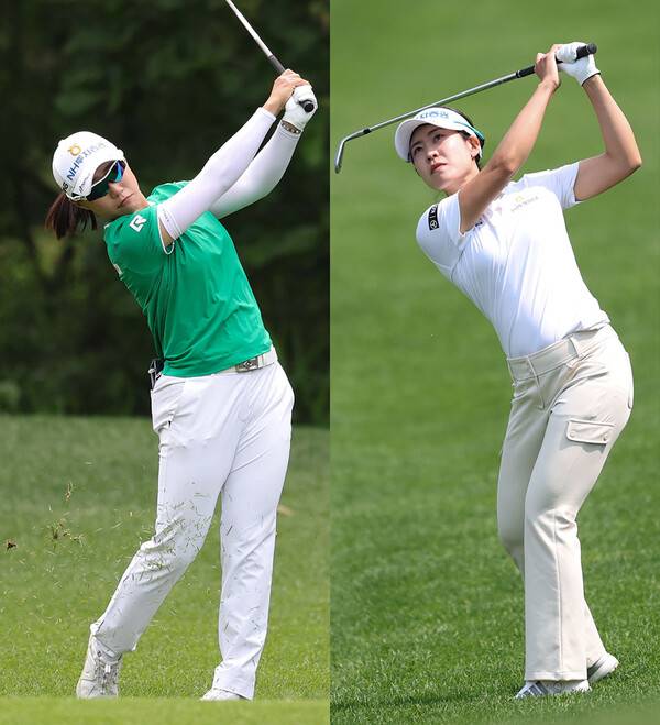 2025년 한국여자프로골프(KLPGA) 투어 Sh수협은행 MBN 여자오픈 우승 경쟁에 뛰어든 정윤지, 박민지 프로가 2라운드에서 경기하는 모습이다. 사진제공=KLPGA