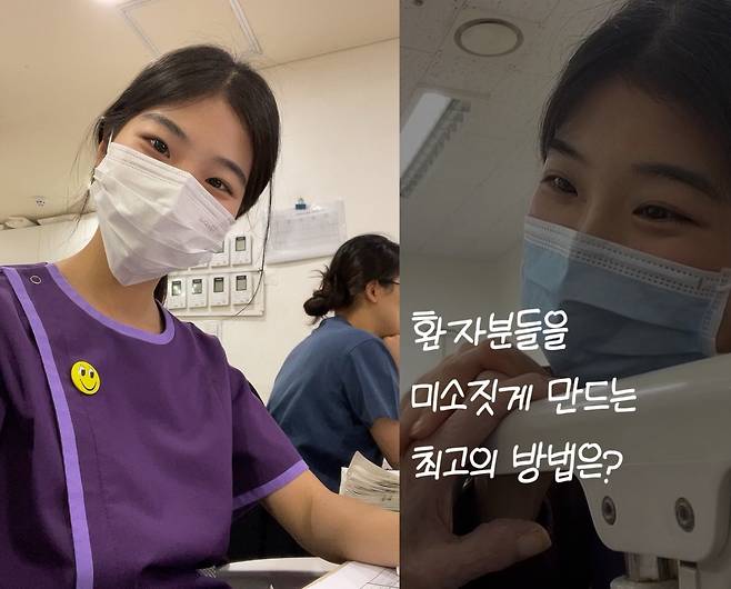 지난해 11월 서울의 한 요양병원에서 근무 중인 간호사 류하은(29)씨의 모습. 오른쪽은 요양병원에서 류씨의 일상을 담은 SNS 콘텐츠 썸네일. 하묵 제공