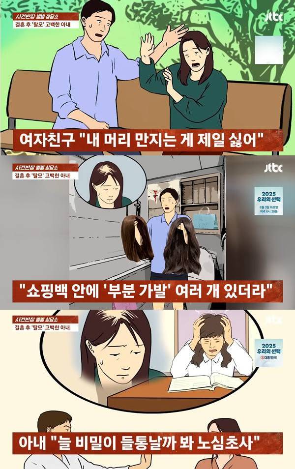결혼 후 알게 된 아내의 탈모 콤플렉스로 인해 이혼 위기에 처한 남성의 사연이 공개됐다. /사진=JTBC '사건반장'