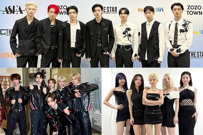 왼쪽부터 시계 방향으로 그룹 엔하이픈, 아이들, 라이즈. 사진 포즈에서 숫자를 의미하는 손동작을 하지 않은 모습이다. 각 공식 트위터