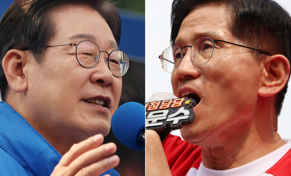 제21대 대통령 선거 사전투표 전날인 28일 이재명(왼쪽) 더불어민주당 대선 후보가 서울 광진구 어린이대공원 정문 앞에서 열린 집중유세에서 지지를 호소하고 있다. 오른쪽은 김문수 국민의힘 대선 후보가 경남 양산시 이마트 양산점 앞에서 유세하는 모습. 2025.5.28 서울·양산 뉴스1