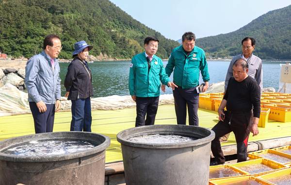 이상근(왼쪽 세 번째) 고성군수가 지난달 29일 고성만·자란만 해역에서 보름달물해파리 피해와 관련해 어업인들의 애로사항을 듣고 있다. / 고성군