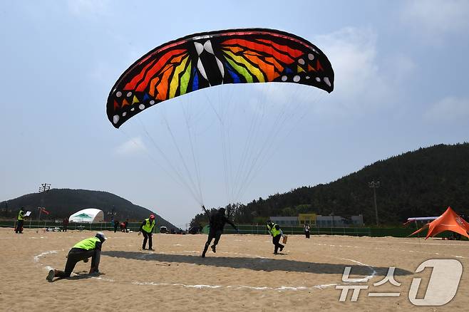 1일 경북 포항시 북구 흥해읍 칠포해수욕장 백사장과 곤륜산 일원에서 개최된 '2025 한국 패러글라이딩 리그 1차전(정밀착륙)' 경기에서 호랑나비 패러글라이더가 목표 지점을 터치하고 있다.  2025.6.1/뉴스1 ⓒ News1 최창호 기자
