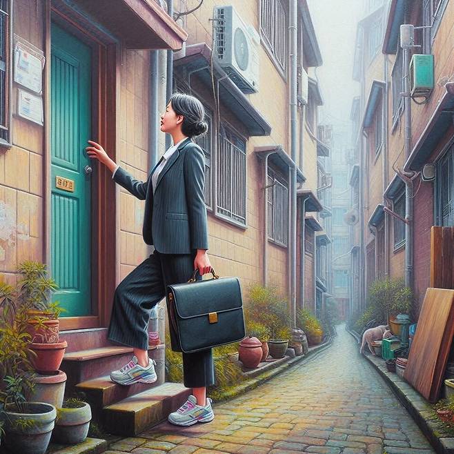 지영 작가가 `마이크로소프트 빙 이미지 생성기\'에 “정장과 스니커즈 차림에 서류 가방을 든 40대 아시아 여성이 복지가 필요한 구불구불한 골목길, 다가구주택가를 둘러보는 모습을 유화로 그려줘”라는 지시어를 입력해 생성한 이미지.