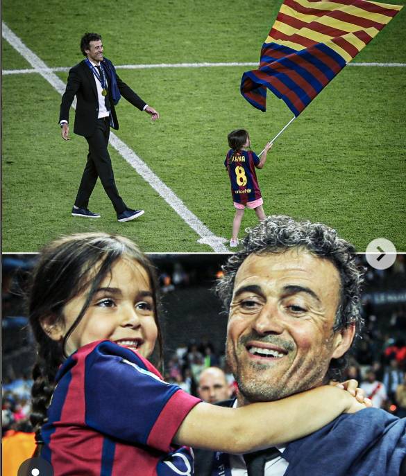 2015 바르셀로나 사령탑 시절 챔피언스리그 우승을 차지한 엔리케 감독은 딸 사나와 함께하는 모습. [사진 ESPN SNS]