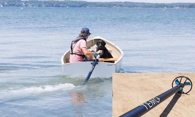 이동식 동력 기관 ‘테모 450’을 장착한 보트가 물 위에서 전진하고 있다. 우측 아래 사진은 테모 450 말단 부위에 달린 프로펠러. 테모 제공