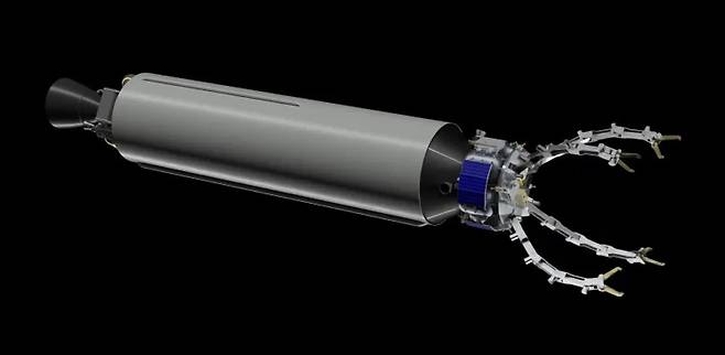 파괴 없이 위성 잡아 없앤다 프랑스 기업 ‘다크’가 개발한 무인 우주선 개념도. 동체 앞에 달린 집게로 적 위성을 움켜잡은 뒤 지구로 낙하시킨다. 다크 제공