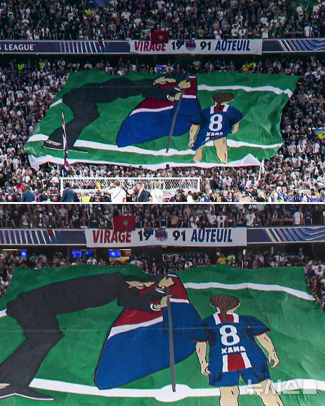 [서울=뉴시스] 프랑스 프로축구 리그앙 파리 생제르맹(PSG)의 루이스 엔리케 감독과 그의 딸이 함께 깃발을 꽂는 그림을 만들어 펼친 PSG 팬들. (사진=리그앙 SNS 캡처) *재판매 및 DB 금지