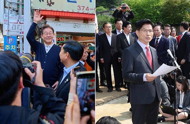 충북 단양을 찾은 이재명 더불어민주당 대선 후보와 충북 옥천을 방문한 김문수 국민의힘 대선 후보. 페이스북 화면 캡처, 연합뉴스