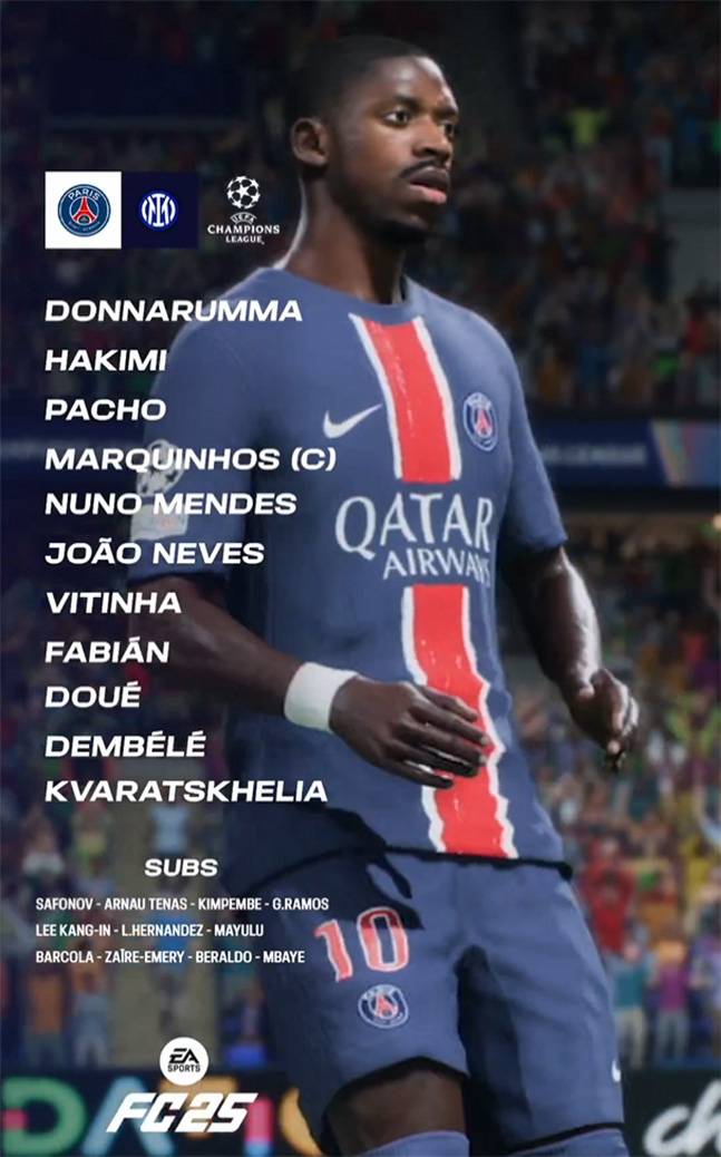 파리 생제르맹(PSG)의 2024~2025 UEFA 챔피언스리그 결승전 인터밀란전 선발 라인업. /사진=PSG SNS 캡처