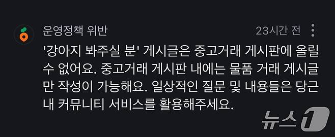 당근 중고거래 게시판에 '강아지 봐주실 분'이란 제목으로 게시글 등록을 시도하자 운영정책 위반으로 글을 올릴 수 없다는 알림이 왔다. (당근 애플리케이션 갈무리)