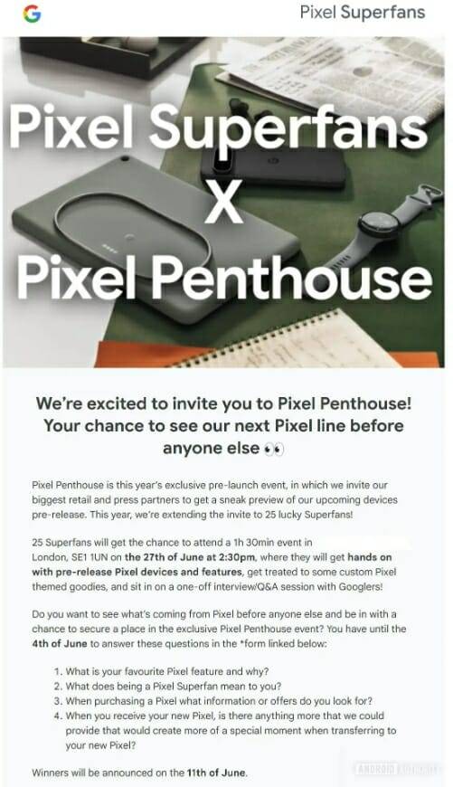 오는 27일 개최하는 픽셀 펜트하우스 초대장 이미지 (출처=안드로이드오쏘리티)