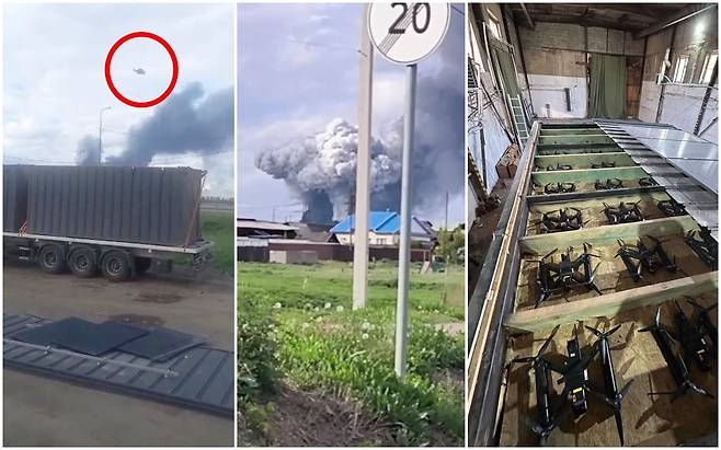 1일 러시아의 동부 시베리아 이르쿠츠크주 말타 러시아 공군기지 주변의 한 트럭에 실린 나무 상자에서 드론이 이륙하는 사진(왼쪽)과 드론의 공격을 받은 공군기지에서 연기가 나는 모습(가운데) .오른쪽 사진은 우크라이나 보안국이 공개한 공격에 사용된 드론 사진이다./로이터·AFP 연합뉴스