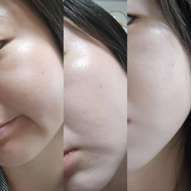 왼쪽부터 제품 사용 전, 비비크림 사용 후, 쿠션 사용 후 모습. 기자가 직접 사용 후 촬영한 비교 사진이다.ⓒ데일리안 남가희 기자
