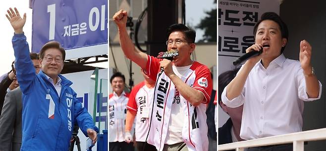 제21대 대통령선거 후보들이 마지막 주말 유세에 나섰다. 왼쪽부터 청주를 방문한 이재명 더불어민주당 후보, 수원을 방문한 김문수 국민의힘 후보, 인천 월미도를 방문한 이준석 개혁신당 후보. 연합뉴스