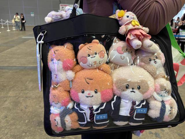 'CJ 케이콘 재팬 2025'을 보러 온 한 여성이 지난달 11일 일본 지바현 지바시 마쿠하리 멧세에서 한국 아이돌 그룹 제로베이스원의 멤버별 캐릭터 인형으로 꾸민 이타밧꾸를 보여주고 있다. 지바=류호 특파원