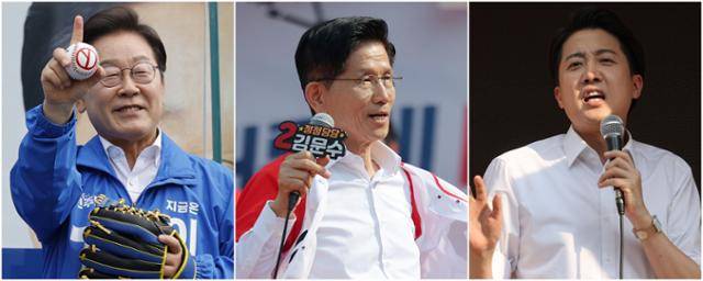 제21대 대통령선거 사전투표 첫날인 지난달 29일 이재명(왼쪽 사진부터) 더불어민주당 대선 후보, 김문수 국민의힘 대선 후보, 이준석 개혁신당 대선 후보가 각각 서울 송파구와 경기 안산시, 서울 성북구에서 유세를 벌이고 있다. 연합뉴스