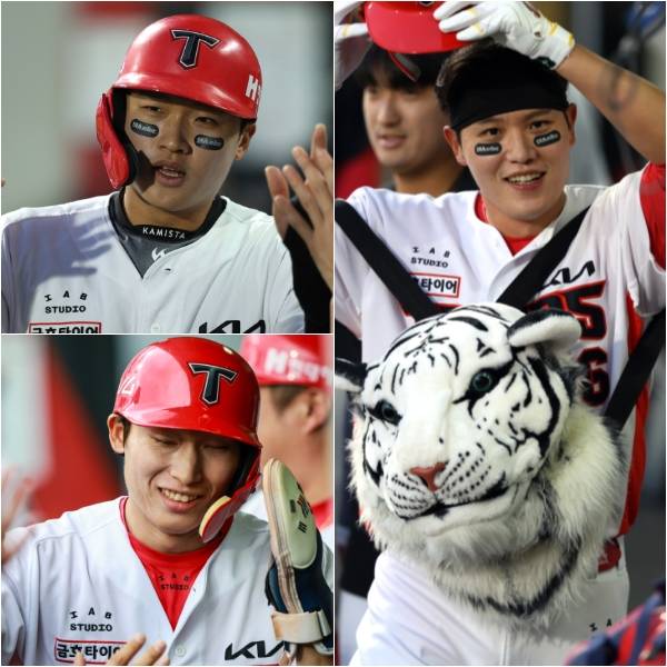 현재 주전 선수들의 부상 탓에 1군 출전 횟수를 점차 늘리고 있는 김석환(왼쪽 위부터 시계 방향으로)·오선우·김호령. KIA 제공