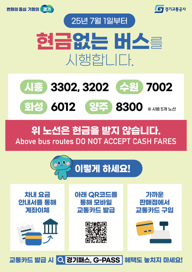 경기도가 현금 사용 감소 추세에 맞춰 요금을 카드로만 받는 이른바 현금 없는 버스 도입을 추진한다. 경기도 제공