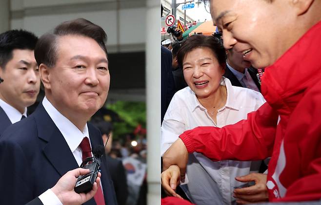 윤석열 전 대통령과 박근혜 전 대통령. 사진공동취재단, 연합뉴스