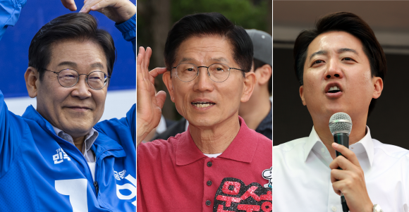 제21대 대통령 선거 사전투표 전날인 28일 한 표를 호소하는 대선 후보들. 왼쪽부터 서울 왕십리역 광장에서 하트를 그려 보이는 이재명 더불어민주당 후보, 경북 경산시 영남대를 방문한 김문수 국민의힘 후보, 서울 강남역 일대에서 유세하는 이준석 개혁신당 후보. 2025.5.28 연합뉴스