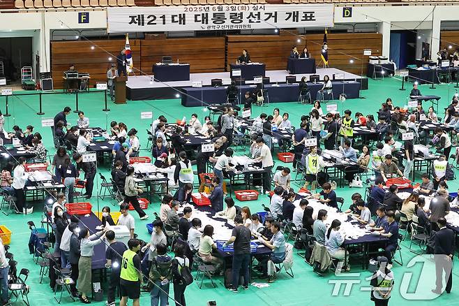 제21대 대통령 선거 투표일인 3일 오후 서울 관악구 서울대학교 체육관에 마련된 개표소에서 선거사무원들이 개표 작업을 실시하고 있다. 2025.6.3/뉴스1 ⓒ News1 민경석 기자
