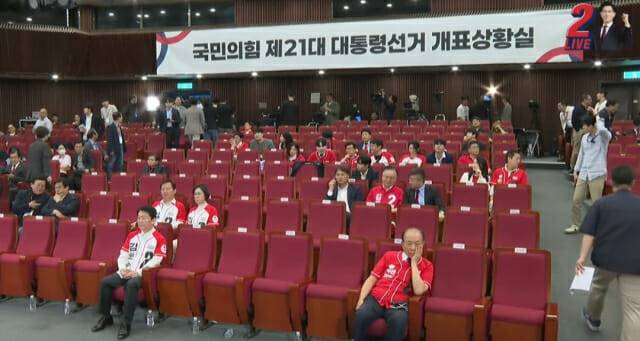 3일 서울 여의도 국회도서관에 마련된 국민의힘 개표상황실에서 안철수 국민의힘 공동선대위원장(앞줄 왼쪽)이 앉아있다. (사진=국민의힘 유튜브 캡처)