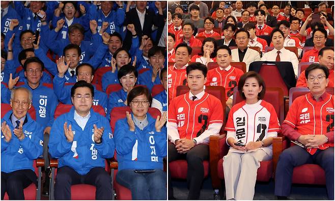 3일 저녁 제21대 대통령 선거 방송3사 출구조사 결과 이재명 더불어민주당 대통령 후보가 김문수 국민의힘 후보를 앞서는 것으로 발표되자 서울 여의도 국회에 마련된 선거개표상황실에 모인 민주당 의원들이 박수를 치며 기뻐하는 반면(왼쪽 사진), 국민의힘 의원들은 침울한 표정을 하고 있다. 공동취재사진