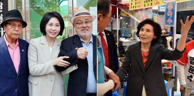 이재명 더불어민주당 대선 후보의 배우자인 김혜경 여사가 지난달 27일 전남 고흥군 소록도에서 주민들과 사진을 찍고 있다.(왼쪽 사진) 같은 날 김문수 국민의힘 대선 후보의 배우자 설난영 여사가 호남 최대 재래시장인 전남 순천시 풍덕동 아랫장을 찾아 상인과 인사하고 있다. 연합뉴스·뉴스1