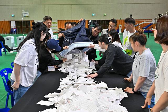 ▲ 제21대 대통령 선거 개표소인 정선종합경기장 실내체육관에서 3일 선거사무원들이 사전투표함을 개함하고 표를 분류하고 있다.유주현