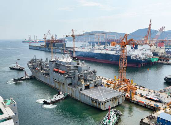 The USNS Wally Schirra undergoes maintenance in Hanwha Ocean’s Geoje, South Gyeongsang shipyard on Sept. 3, 2024. [HANWHA OCEAN]