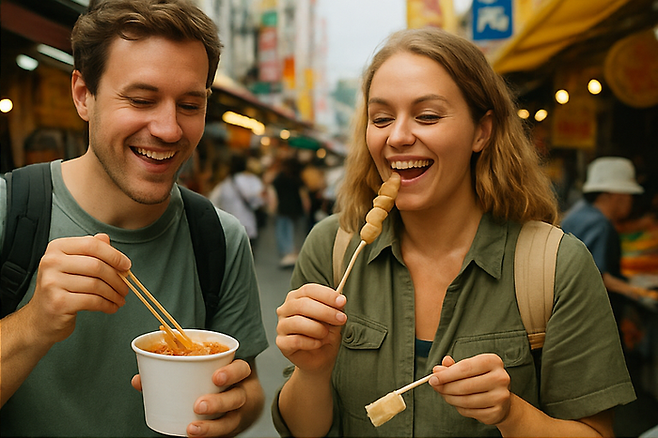 서구권 외래 관광객이 한국을 관광하는 모습을 표현한 그림 /그림=챗GPT