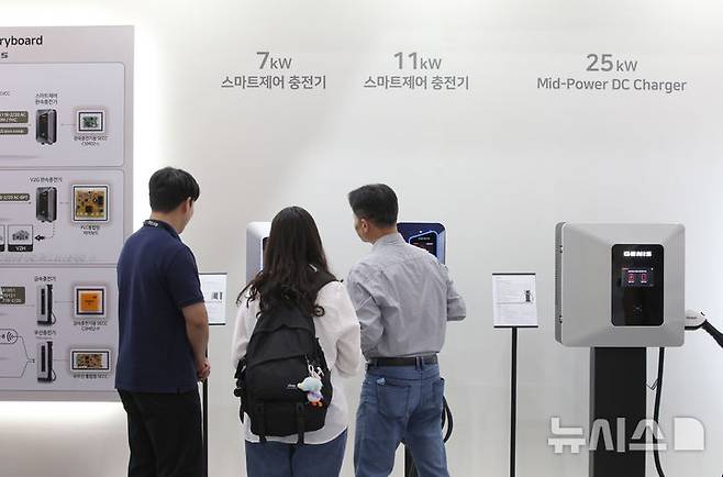 [서울=뉴시스] 김금보 기자 = 3일 코엑스에서 열린 'EV트렌드코리아 2025' 제니스코리아 부스에 다양한 전기차 충전 시스템이 전시돼있다. 2025.06.03. kgb@newsis.com