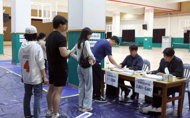 ▲제21대 대통령선거 투표일인 3일 오후 울산 남구 월평초등학교 체육관에 설치된 신정4동 제2투표소에서 유권자들이 투표를 위해 본인확인하고 있다. ⓒ연합뉴스