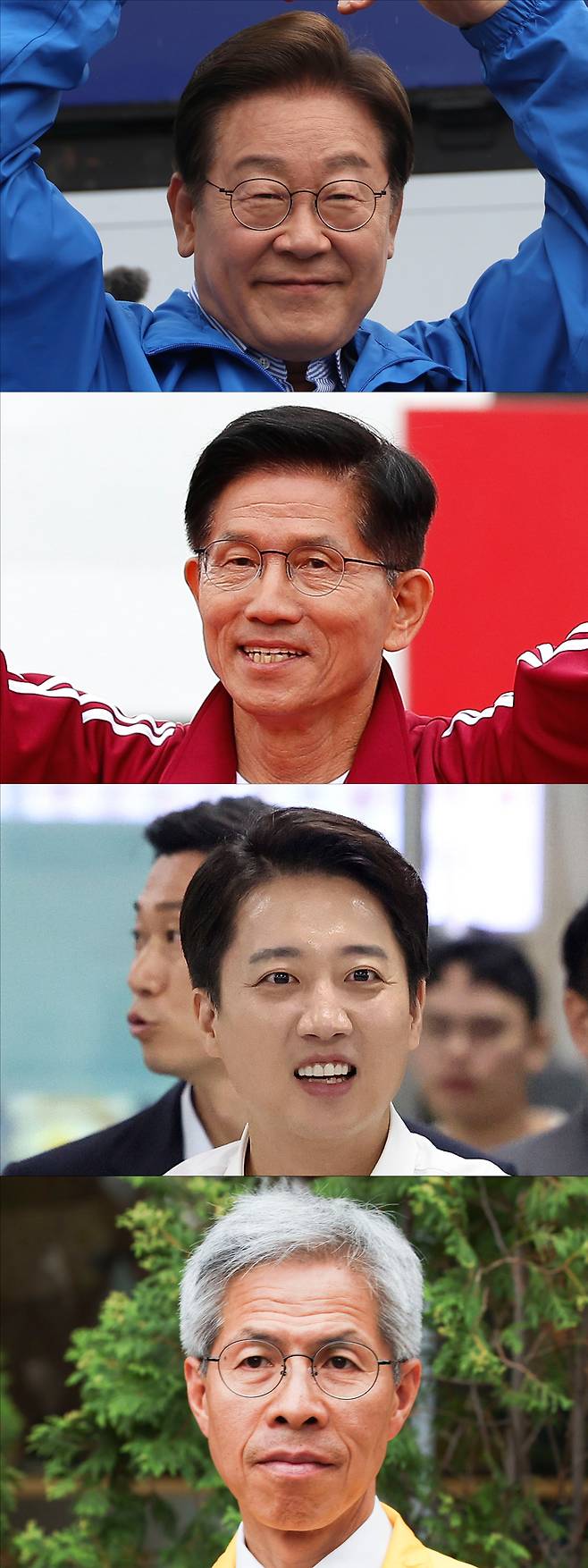 지난 2일 이재명 더불어민주당 대선후보(맨 위 부터)와 김문수 국민의힘 대선후보, 이준석 개혁신당 대선후보, 권영국 민주노동당 대선후보가 지지를 호소하고 있다. 뉴시스