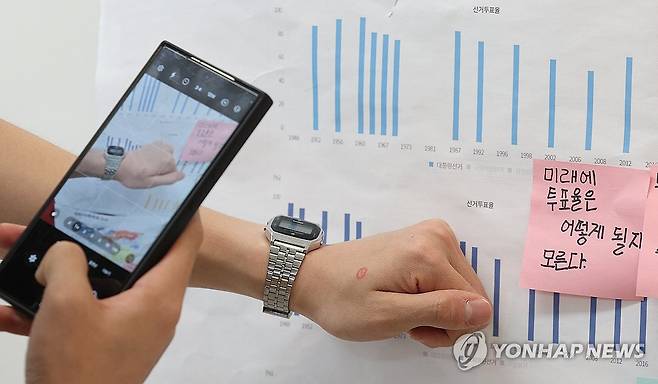 '투표율 높였어요' (대구=연합뉴스) 윤관식 기자 = 제21대 대통령 선거일인 3일 대구 중구 동덕초등학교 1층 드라마실에 마련된 삼덕동 제2투표소에서 투표를 마친 유권자들이 투표소 밖 게시판에 붙어있는 초등학생들의 투표율 분석 게시물 앞에서 '투표 인증샷'을 남기고 있다. 2025.6.3 psik@yna.co.kr