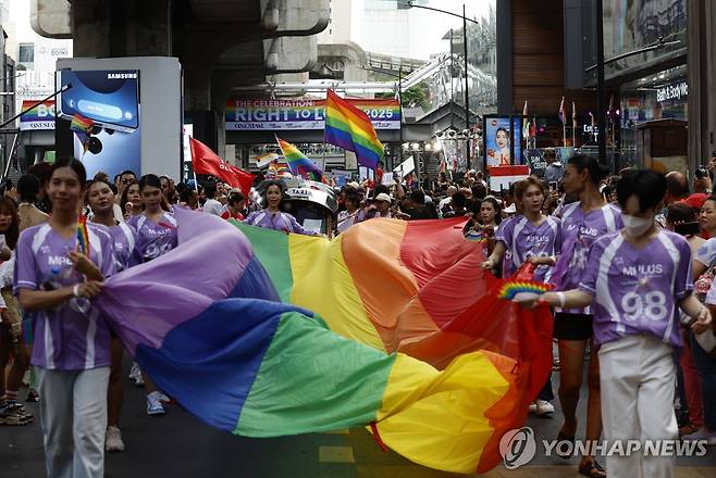 태국 방콕의 성소수자 행진 지난 1일(현지시간) 태국 방콕에서 열린 성소수자 행진 '프라이드 퍼레이드' 행사 모습. 
[EPA 연합뉴스 자료사진. 재판매 및 DB 금지]