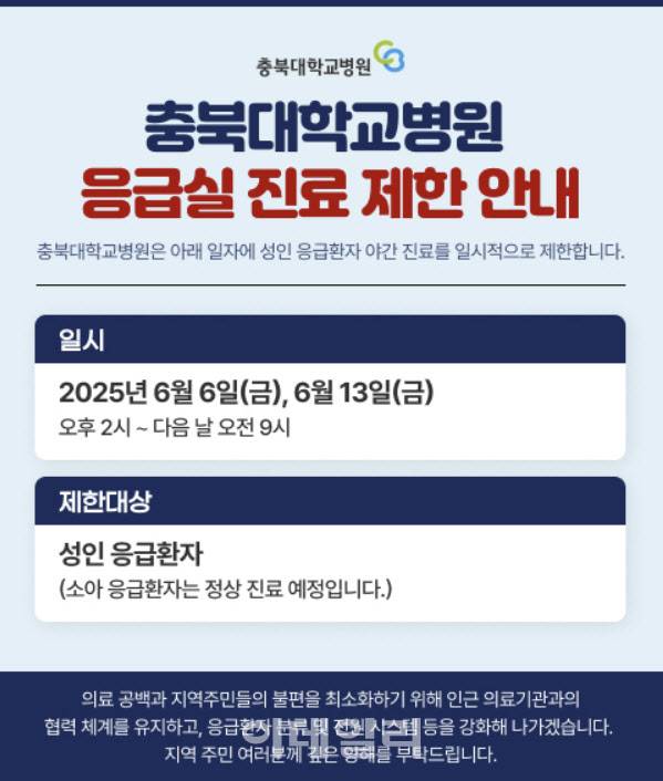 충북대병원 홈페이지에 게재된 응급실 진료 제한 안내 팝업창. (자료=충북대병원)