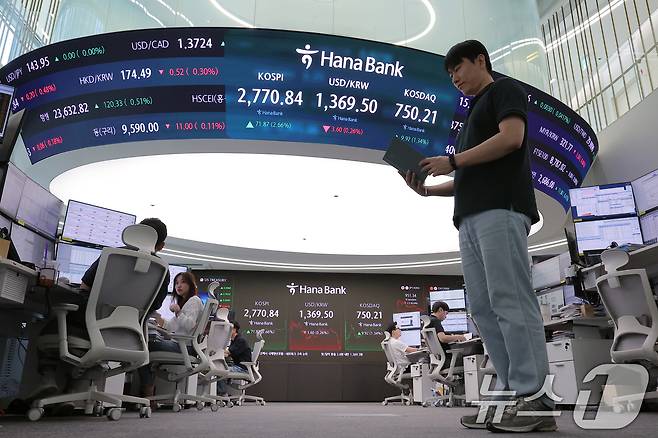 강력한 자본시장 선진화 의지를 보여온 이재명 대통령 취임 첫날인 4일 오후 서울 중구 하나은행 본점 딜링룸 전광판에 증시가 표시되고 있다. 2025.6.4/뉴스1 ⓒ News1 박정호 기자