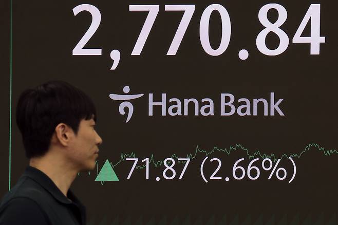 이재명 대통령 취임 첫날인 4일 오후 서울 중구 하나은행 본점 딜링룸 전광판에 증시가 표시되고 있다. /뉴스1